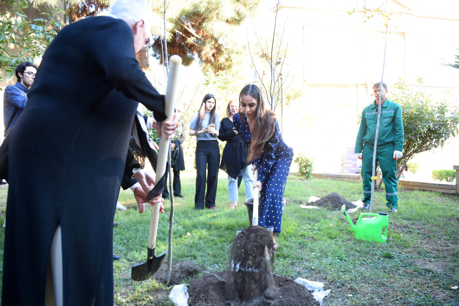 Leyla Əliyeva Yaradıcılıq Mərkəzində püstə ağacı əkdi - Fotolar