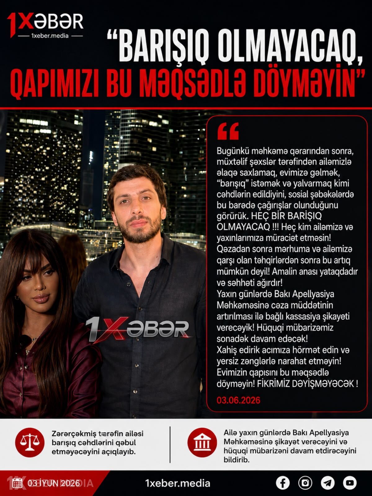 “Barışıq olmayacaq” – Ailə geri addım atmır, apellyasiya şikayəti veriləcək